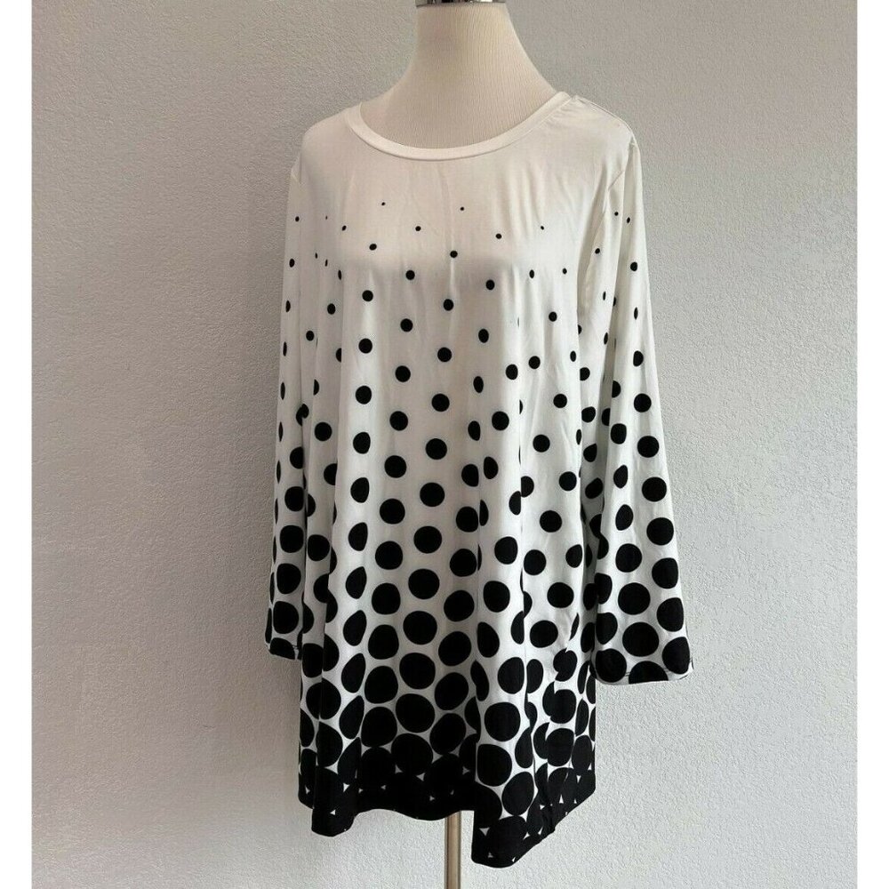 NANU Blouse Womans 2X White w /Black 3/4 Sleeve Top Tunic
